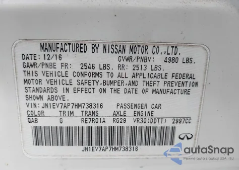 2017 Infiniti Q50 3.0T Premium z USA, uszkodzony, nr VIN JN1EV7AP7HM738316